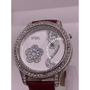 STEEL womens Rhinestone Luxury Spinning Mop Flower Watch Works New Battery